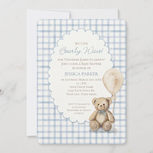 Invitación We Can Bearly Wait Teddy Bear Boy Baby Shower (Anverso)