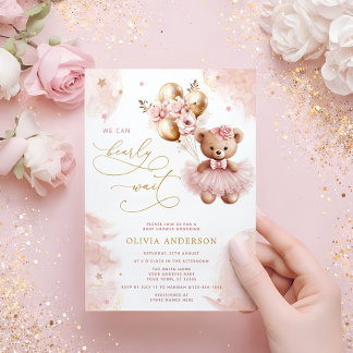 Invitación We Can Bearly Wait Teddy Bear Girl Baby Shower Inv