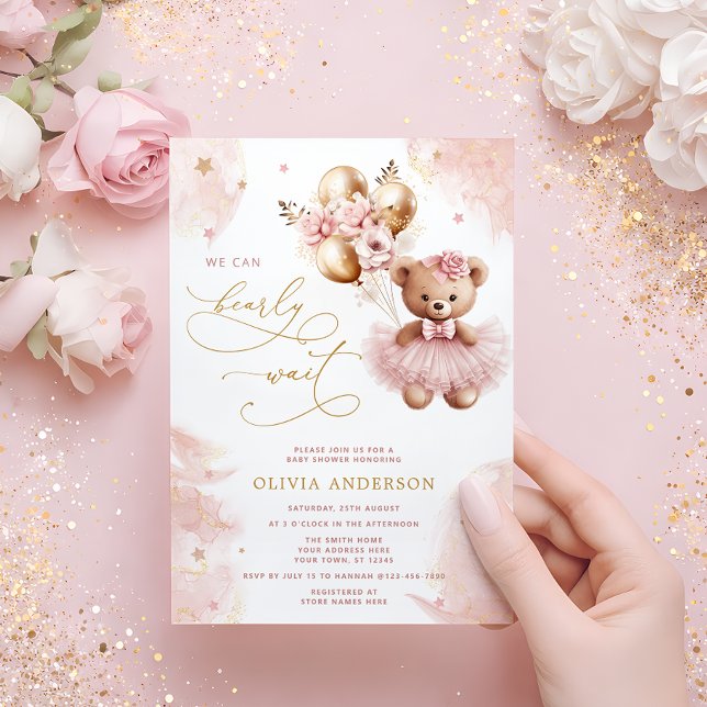Invitación We Can Bearly Wait Teddy Bear Girl Baby Shower Inv (Subido por el creador)
