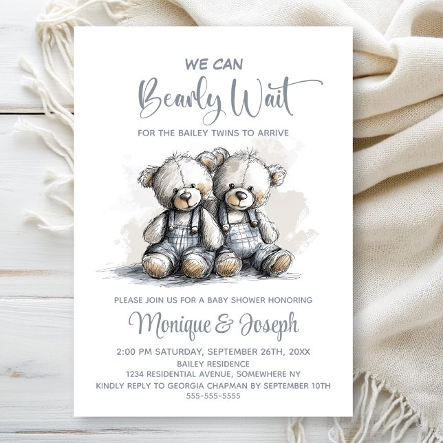 Invitación We Can Bearly Wait Teddy Bear Twins Baby Shower (Subido por el creador)
