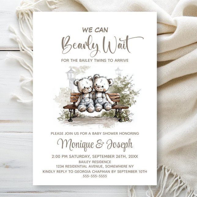 Invitación We Can Bearly Wait Teddy Bear Twins Baby Shower (Subido por el creador)