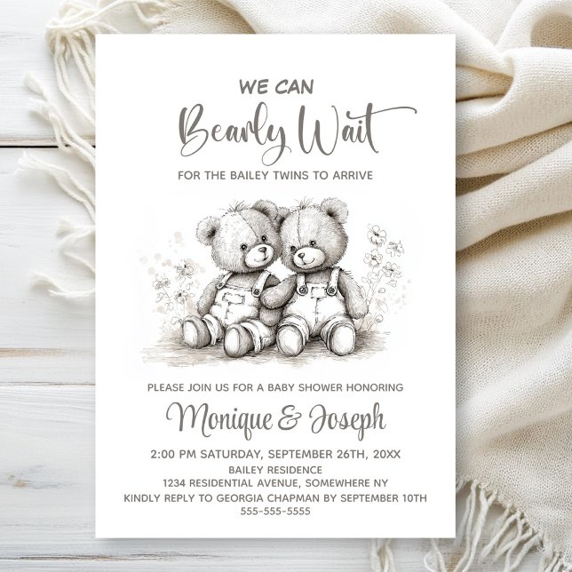 Invitación We Can Bearly Wait Teddy Bear Twins Baby Shower (Subido por el creador)