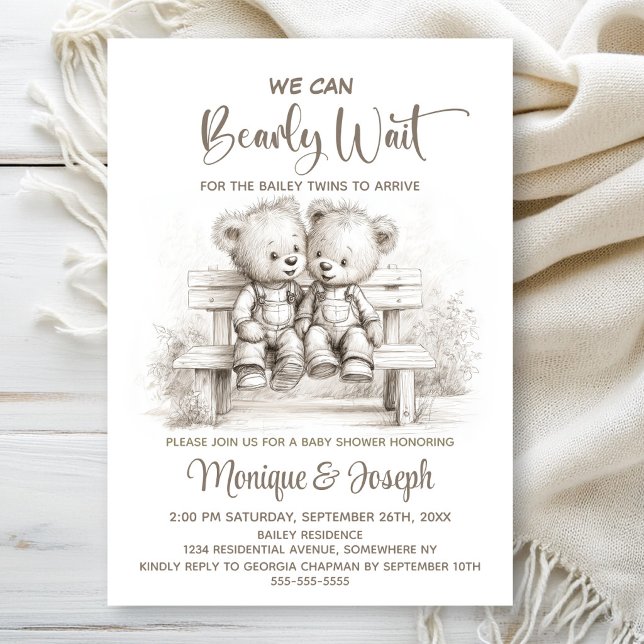 Invitación We Can Bearly Wait Teddy Bear Twins Baby Shower (Subido por el creador)