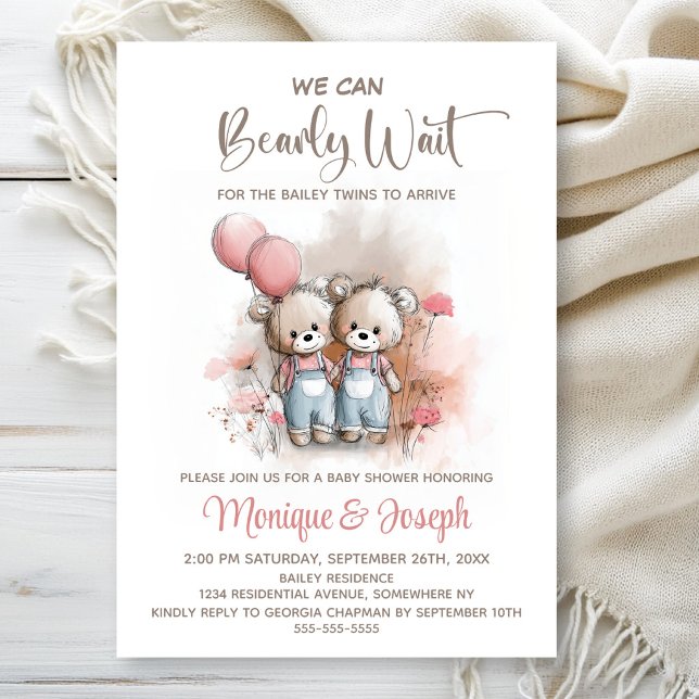 Invitación We Can Bearly Wait Teddy Bear Twins Baby Shower (Subido por el creador)