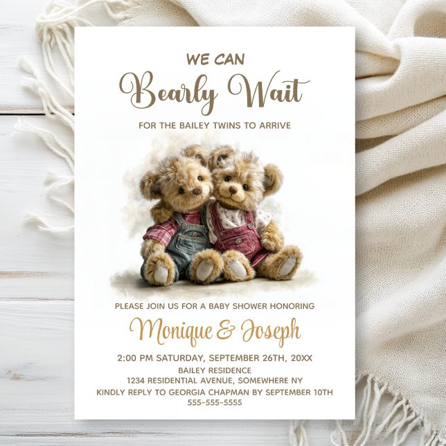 Invitación We Can Bearly Wait Twin Teddy Bears Baby Shower (Subido por el creador)