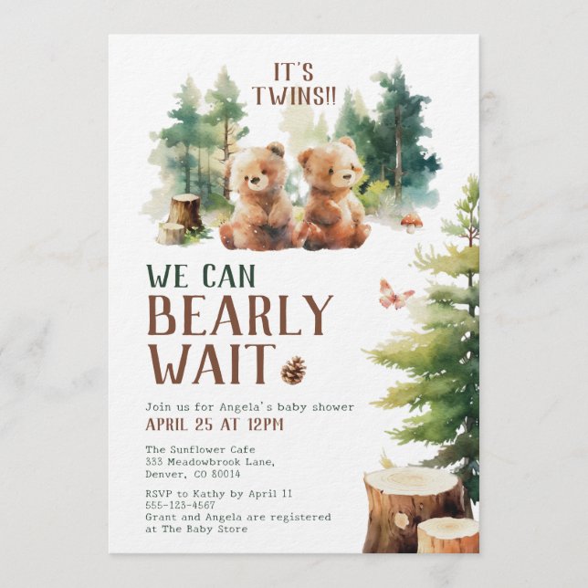 Invitación We Can Bearly Wait Twins Baby Shower Invitation (Anverso)