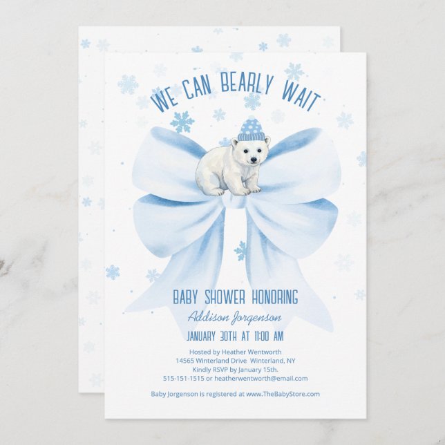 Invitación We Can Bearly Wait Winter Polar Bear Baby Shower (Anverso / Reverso)