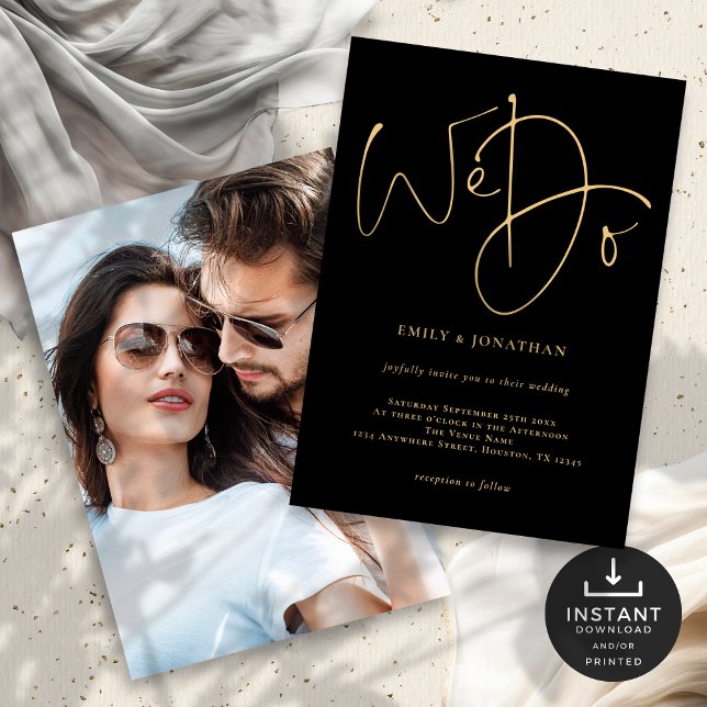 Invitación We Do Gold Script Photo Black Boda (Front and back view - add your photo on the reverse)
