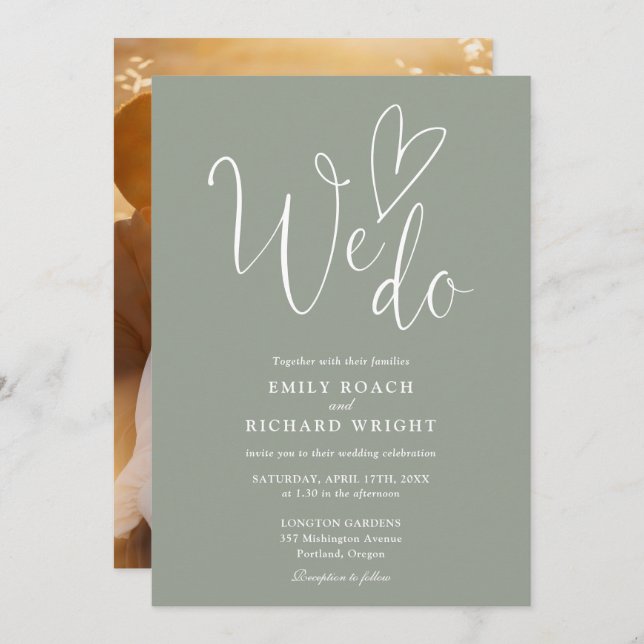 Invitación We Do Love Heart Photo Sage Green Boda (Anverso / Reverso)