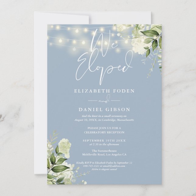 Invitación We Eloped Dusty Blue Wedding Vows Greenery Party (Anverso)