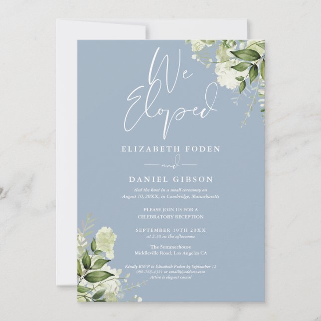Invitación We Eloped Dusty Blue Wedding Vows Greenery Party (Anverso)