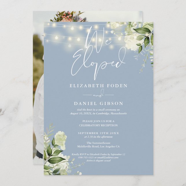 Invitación We Eloped Greenery Dusty Blue Photo Wedding Party (Anverso / Reverso)