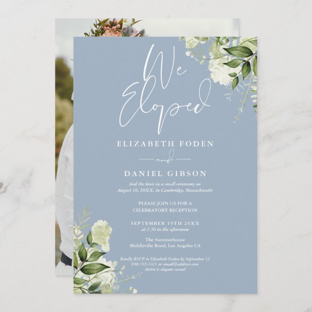 Invitación We Eloped Greenery Dusty Blue Photo Wedding Party (Anverso / Reverso)