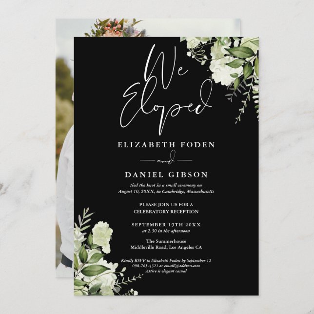 Invitación We Eloped Greenery Floral Photo Wedding Party (Anverso / Reverso)