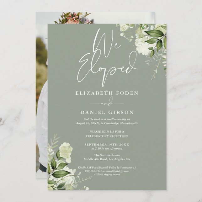 Invitación We Eloped Greenery Sage Green Photo Wedding Party (Anverso / Reverso)