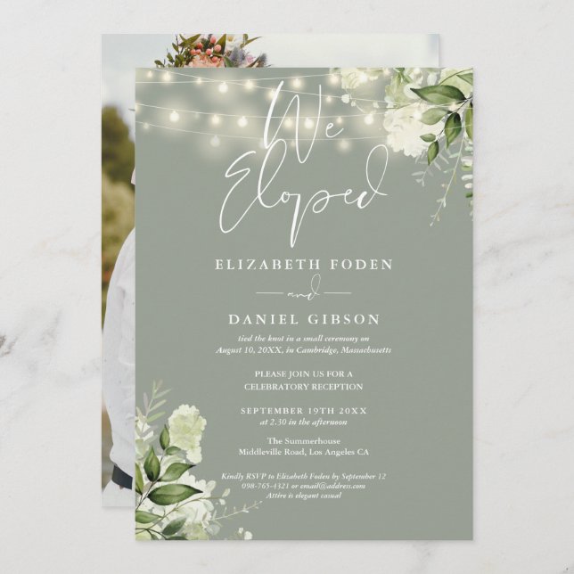 Invitación We Eloped Greenery Sage Green Photo Wedding Party (Anverso / Reverso)