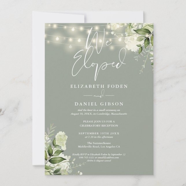 Invitación We Eloped Sage Green Wedding Vows Greenery Party (Anverso)