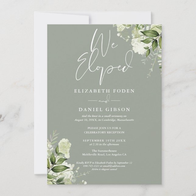 Invitación We Eloped Sage Green Wedding Vows Greenery Party (Anverso)