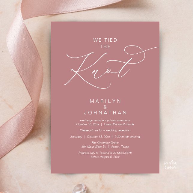 Invitación We tied the knot, Elopement Reception Dinner (We tied the knot, Romantic Wedding Elopement Reception Dinner Invitation Card in Dusty Rose Pink)