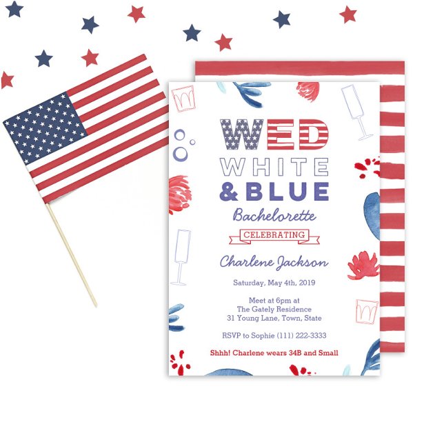 Invitación WED Red White and Blue Bachelorette Bridal Shower (Wed White And Blue Bachelorette Party Invitation )