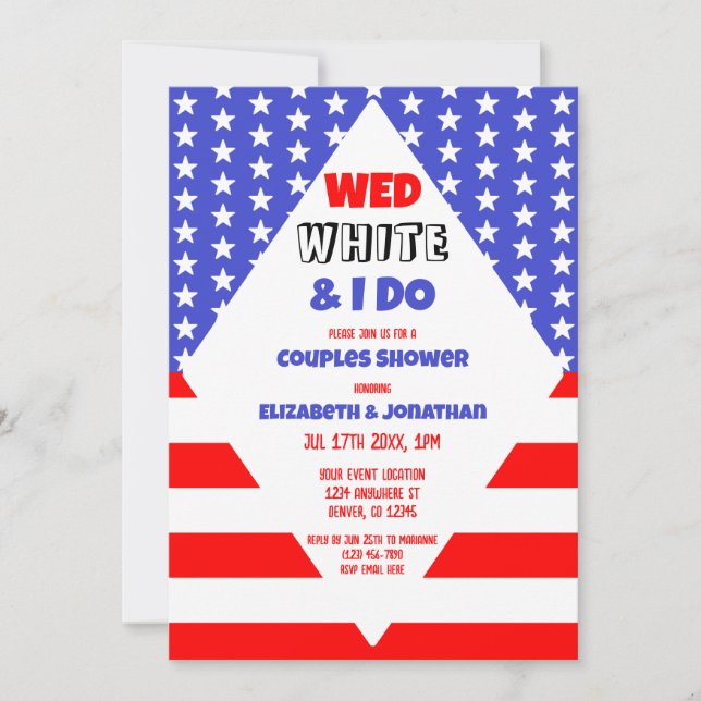 Invitación Wed, White & I Do Patriotic Couples Weddies Ducha (Anverso)