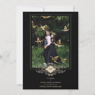 Invitación Wedding Black Flourish Gold Lace Initials