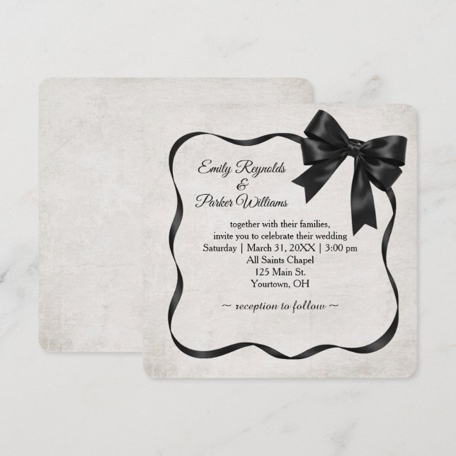 Invitación Wedding Black Satin Ribbon Frame and Bow (Anverso / Reverso)
