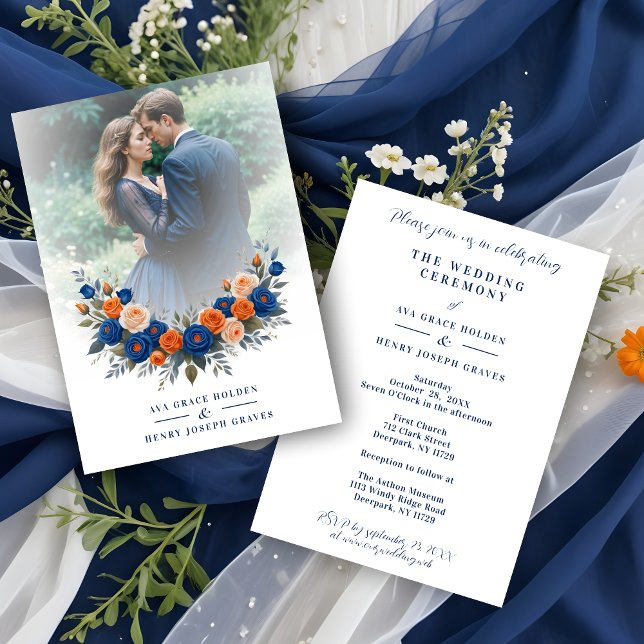 Invitación Wedding Blue & Orange Flowers Romantic Garland (Wedding Blue & Orange Flowers Romantic Garland  Photo Invitation with Envelope.)