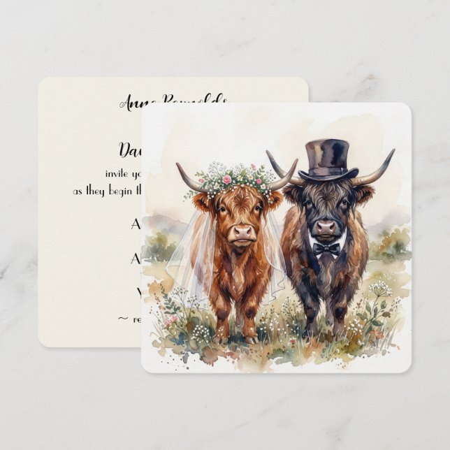 Invitación Wedding Bride and Groom Highland Cows (Anverso / Reverso)