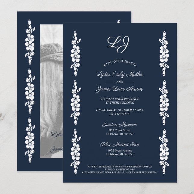 Invitación Wedding Chic Photo Navy & White Trendy Flowers (Anverso / Reverso)