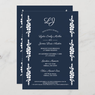 Invitación Wedding Chic Photo Navy & White Trendy Flowers