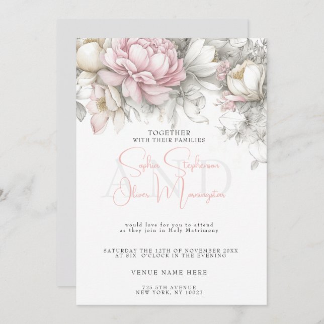 Invitación Wedding | Classic Modern Ivory and Blush Floral  (Anverso / Reverso)