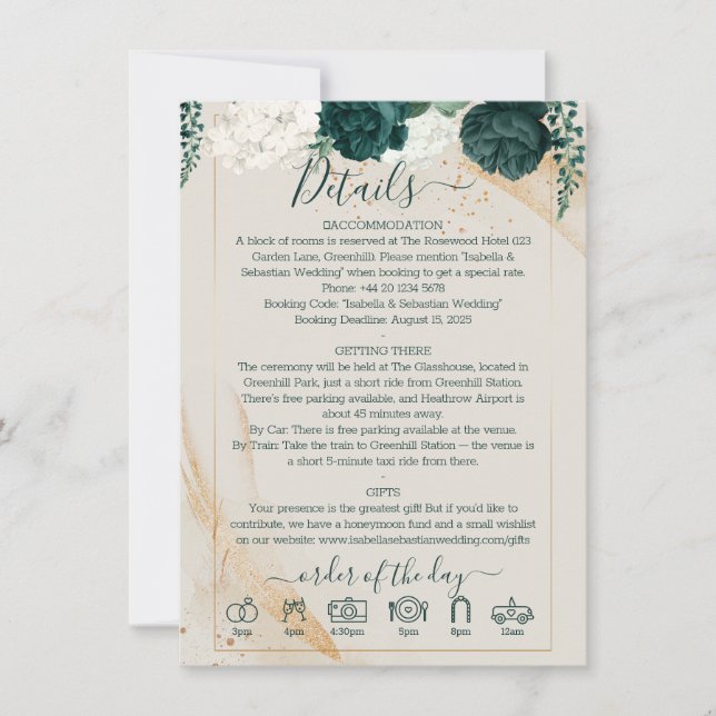 Invitación Wedding Cream Finer Details Emerald Green Rose (Anverso)