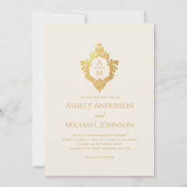 Invitación Wedding Crest Monogram Ivory Gold Elegant Vintage