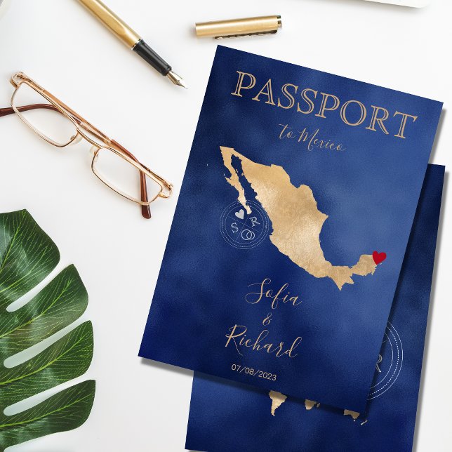 Invitación Wedding Destination Passport Gold World Map Mexico (Subido por el creador)