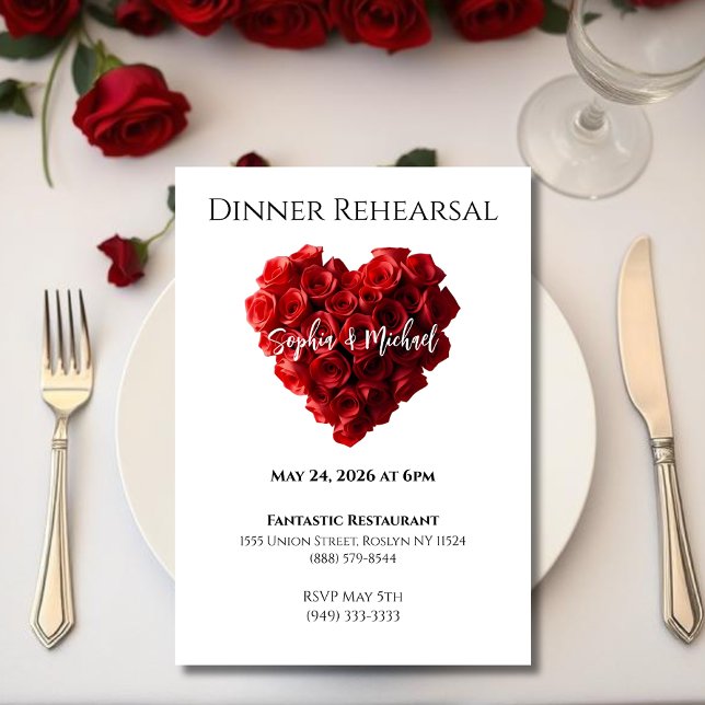 Invitación Wedding Dinner Rehearsal-Heart Shaped Red Roses- (Wedding Dinner Rehearsal-Heart Shaped Red Roses- Invitation)