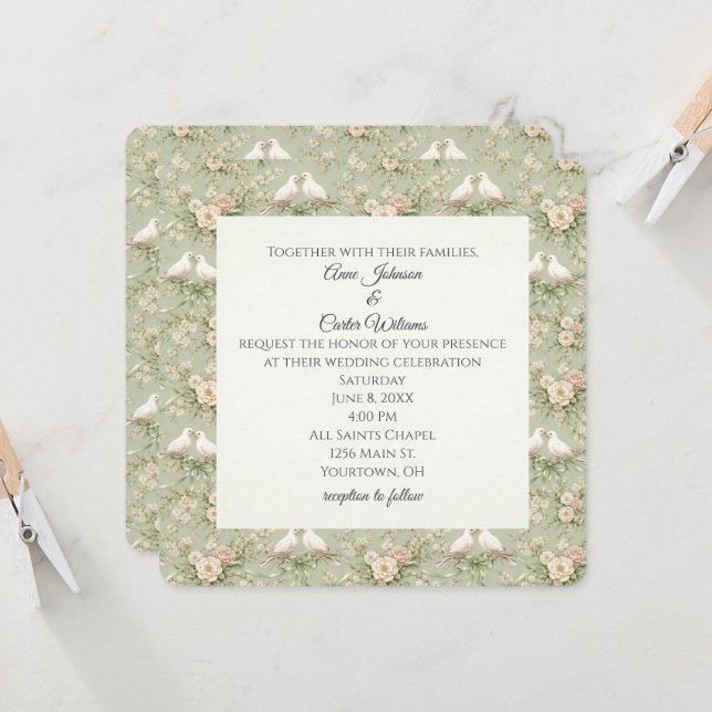 Invitación Wedding Doves and Sage Green Ribbons (Anverso/Reverso In Situ)