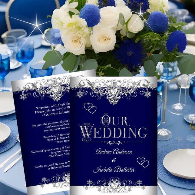 Invitación Wedding Elegant Royal Blue Silver Diamond Hearts (Subido por el creador)