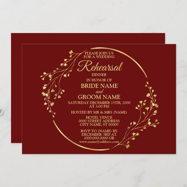 Invitación Wedding Gold Floral Wreath Red Rehearsal Dinner (Anverso / Reverso)