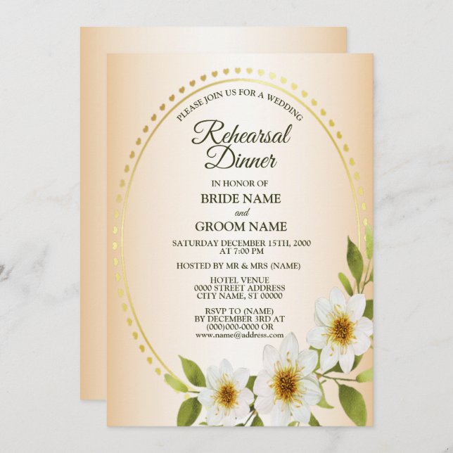 Invitación Wedding Golden White Floral Peach Rehearsal Dinner (Anverso / Reverso)