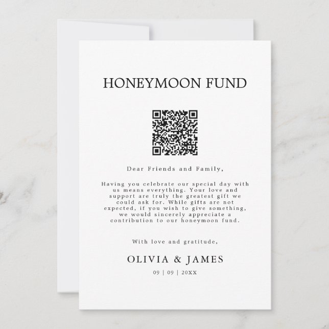 Invitación Wedding Honeymoon Honeymoon Fund QR Code Sign,  (Anverso)