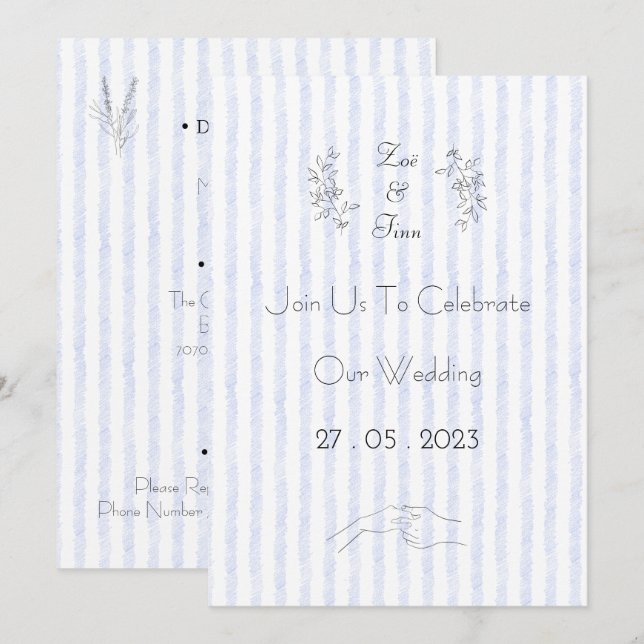 Invitación Wedding Invitation (12,7 x 17,8 cm) - Blue Stripes (Anverso / Reverso)