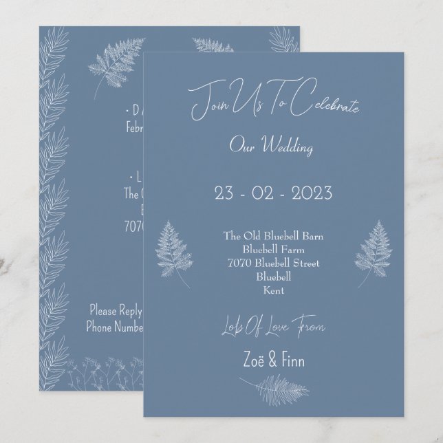 Invitación Wedding Invitation (12,7x17,8cm) - Blue And White (Anverso / Reverso)