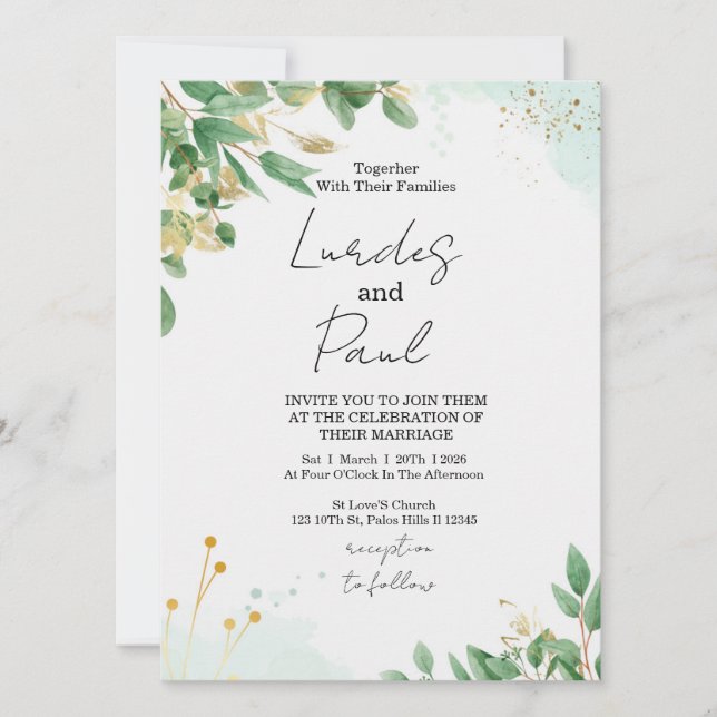 Invitación  Wedding invitation  green flowers with gold (Anverso)