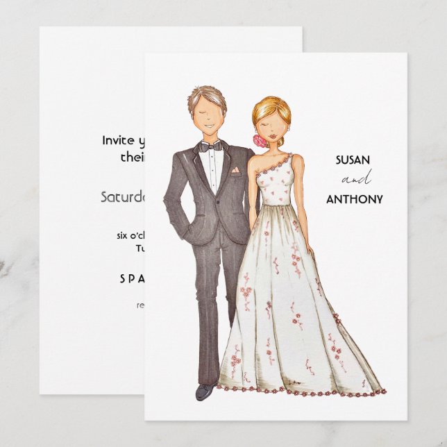 Invitación Wedding invitation, hand drawn illustration. (Anverso / Reverso)