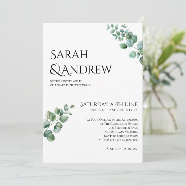Invitación Wedding Invitation • Minimalist Greenery Eucalyptu (Anverso de pie)
