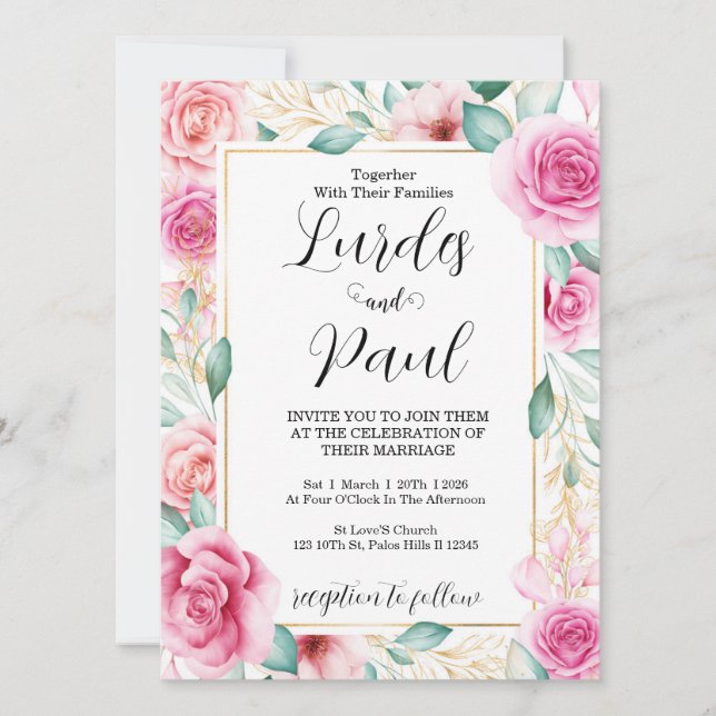 Invitación  Wedding invitation Roses Pink (Anverso)