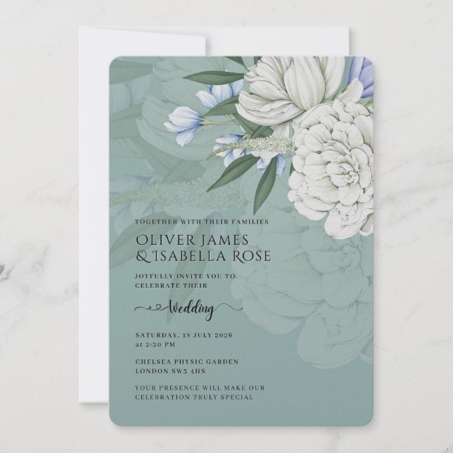 Invitación Wedding Invitation | Sage Green & White Peonies (Anverso)