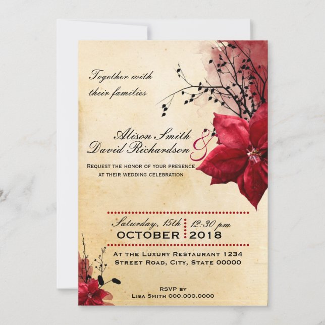 Invitación Wedding invitation with Red flowers (Anverso)