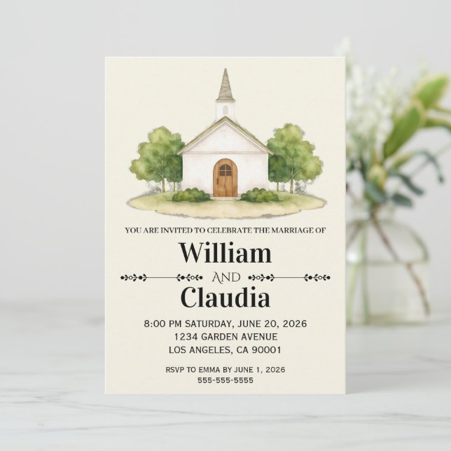 Invitación Wedding Invitation with Watercolor Venue Painting (Anverso de pie)